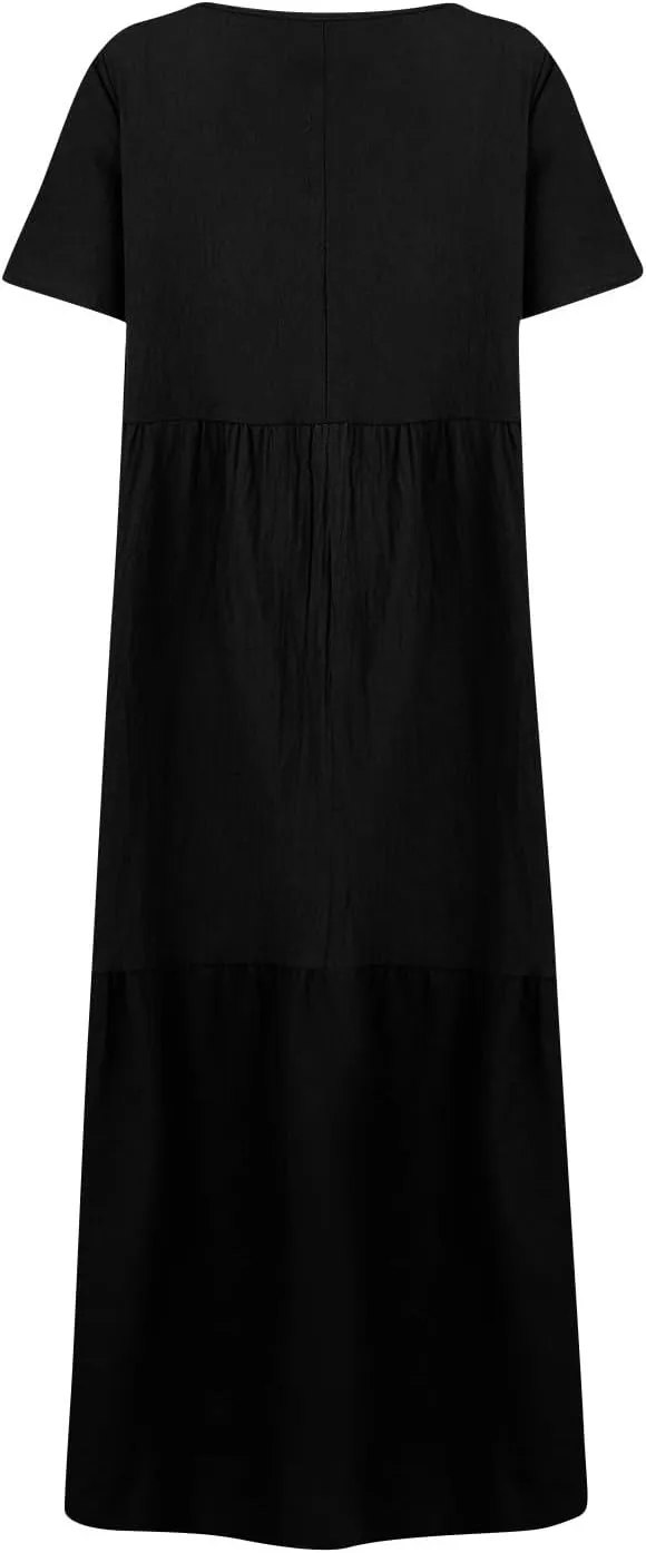 Linen Dress Women Summer Short Sleeve V Neck Plus Size Maxi Dress Casual Flowy Loose Long Vacation Beach Dresses