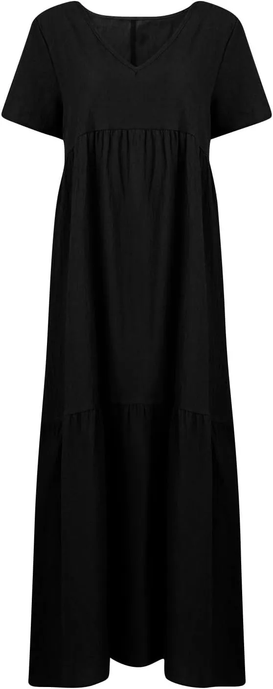 Linen Dress Women Summer Short Sleeve V Neck Plus Size Maxi Dress Casual Flowy Loose Long Vacation Beach Dresses