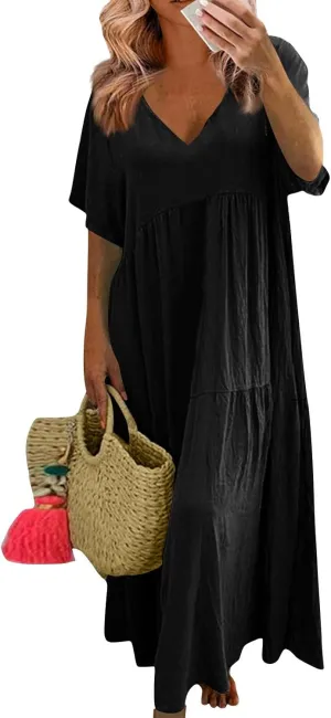 Linen Dress Women Summer Short Sleeve V Neck Plus Size Maxi Dress Casual Flowy Loose Long Vacation Beach Dresses