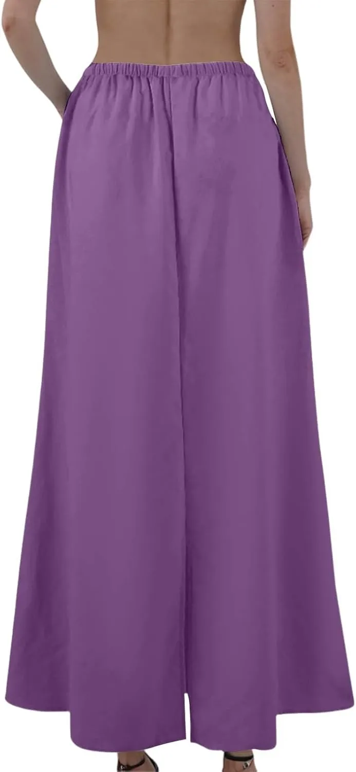 Linen Maxi Skirts for Women Trendy Summer Comfy Drawstring Waist Ankle-Length Skirts Flared Skirt with Back Slit