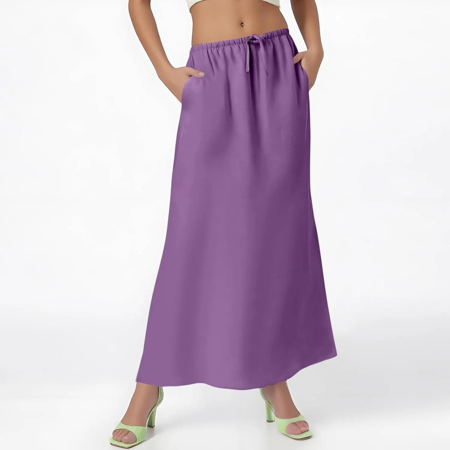 Linen Maxi Skirts for Women Trendy Summer Comfy Drawstring Waist Ankle-Length Skirts Flared Skirt with Back Slit