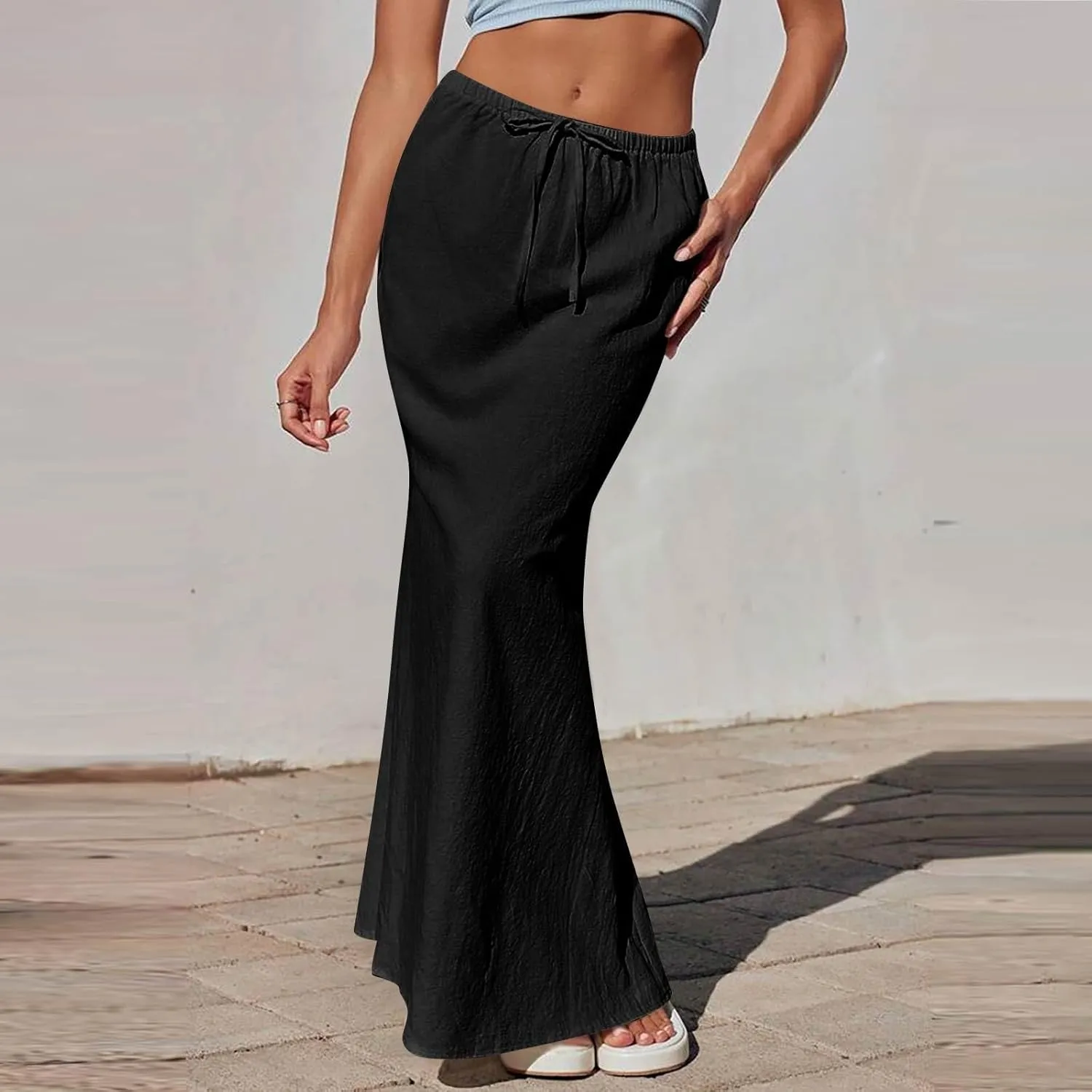 Linen Maxi Skirts for Women Trendy Summer Comfy Drawstring Waist Ankle-Length Skirts Flared Skirt with Back Slit