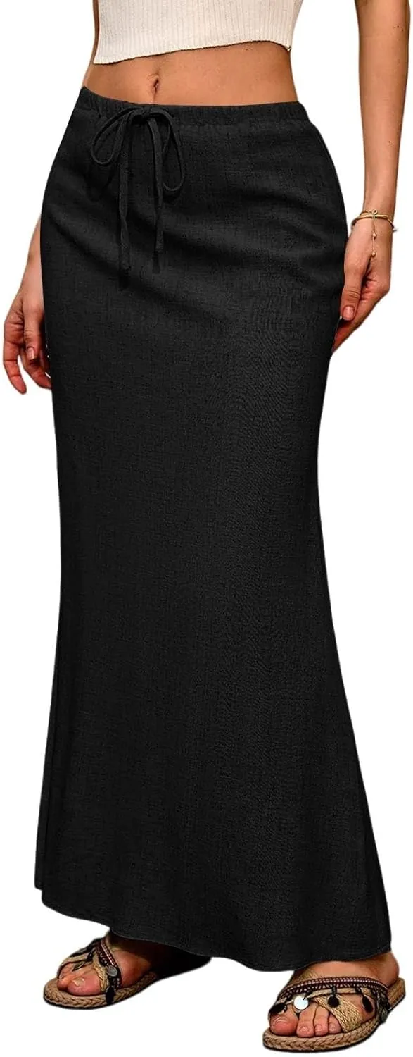 Linen Maxi Skirts for Women Trendy Summer Comfy Drawstring Waist Ankle-Length Skirts Flared Skirt with Back Slit