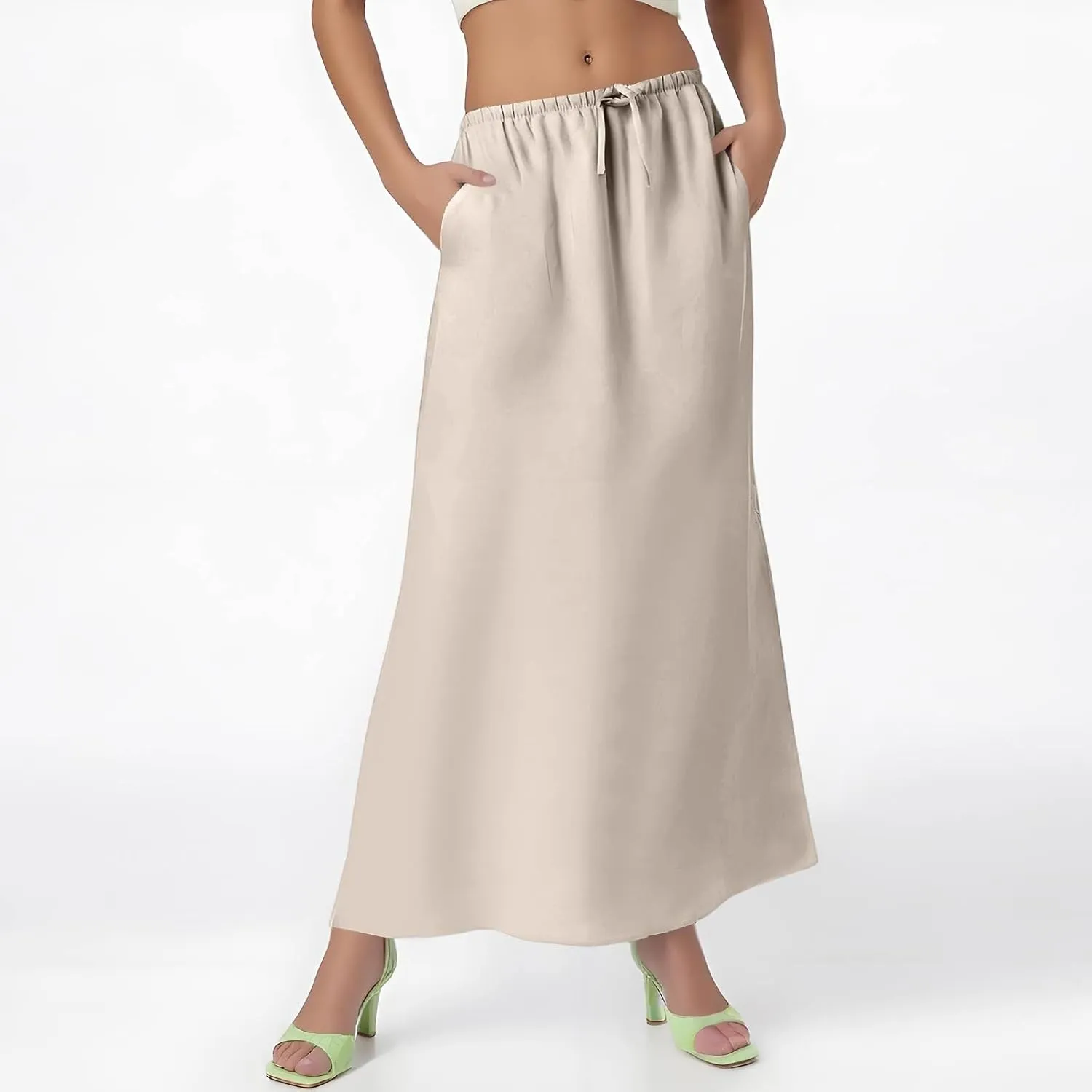Linen Maxi Skirts for Women Trendy Summer Comfy Drawstring Waist Ankle-Length Skirts Flared Skirt with Back Slit