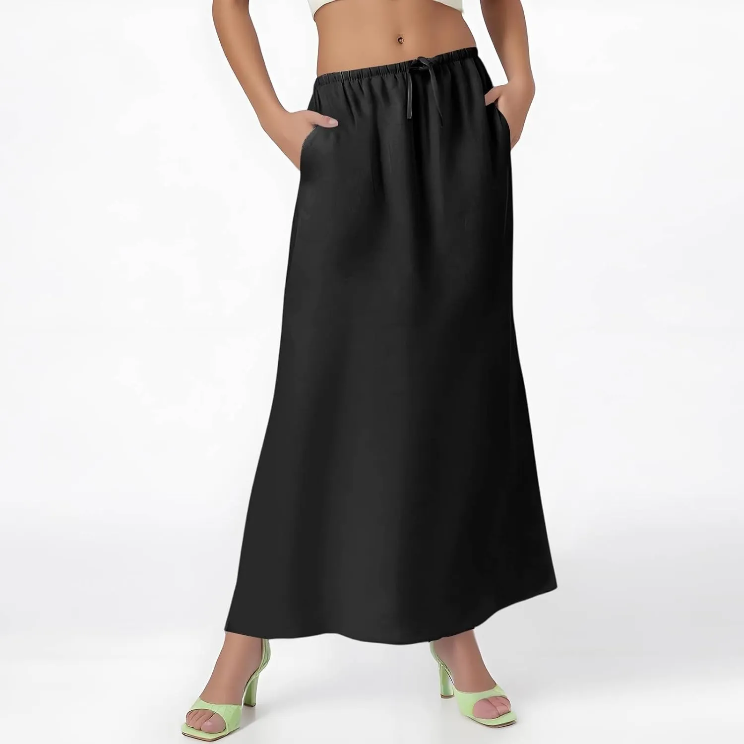 Linen Maxi Skirts for Women Trendy Summer Comfy Drawstring Waist Ankle-Length Skirts Flared Skirt with Back Slit