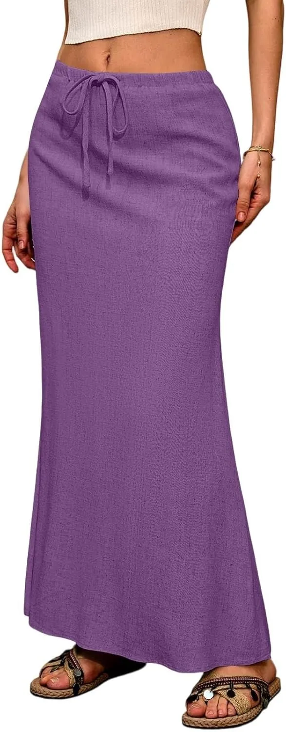 Linen Maxi Skirts for Women Trendy Summer Comfy Drawstring Waist Ankle-Length Skirts Flared Skirt with Back Slit