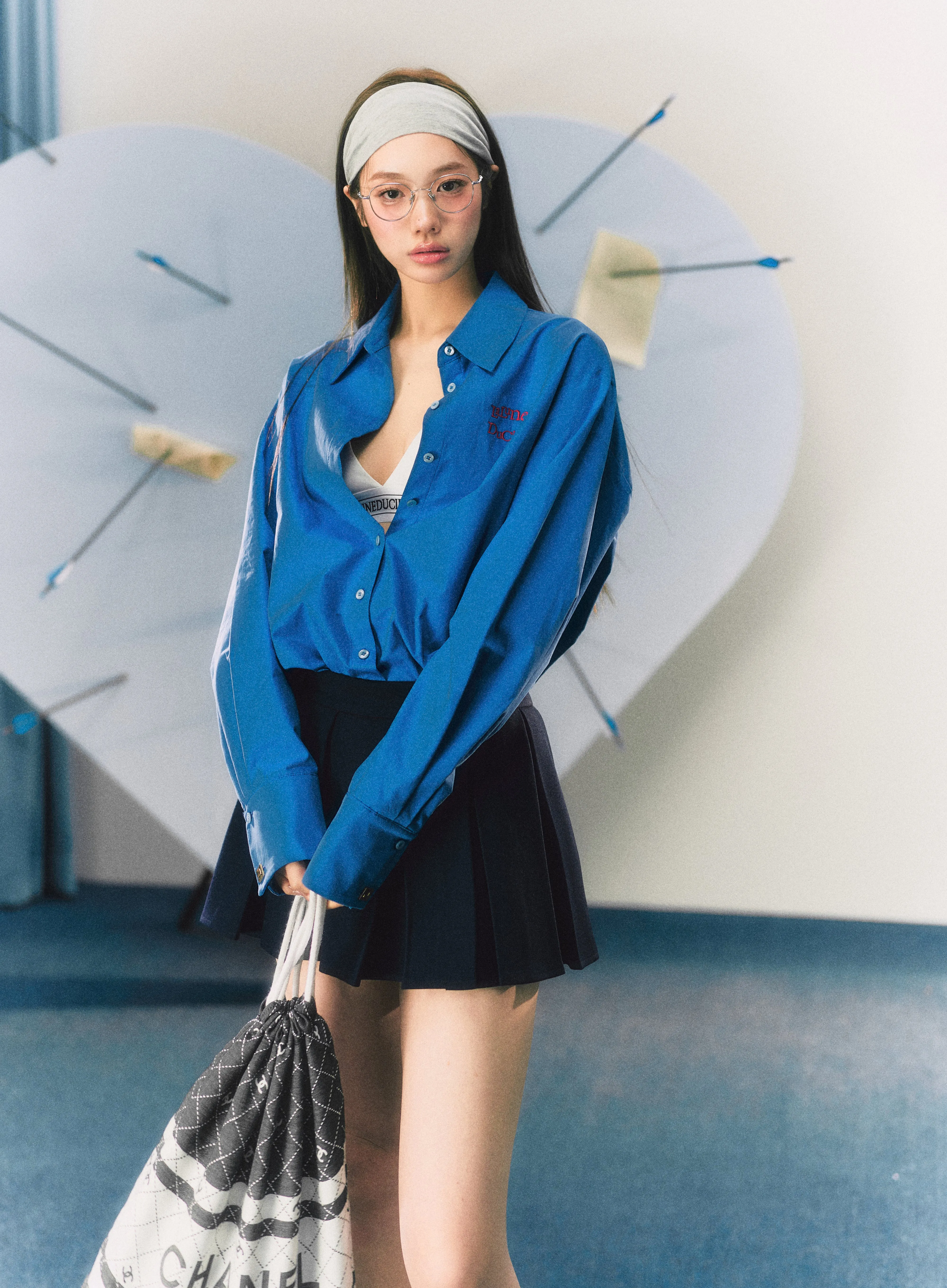 LLDC  'CUPID LOVE' Logo Embroidered Shirt & Tailored Pleated Skirt