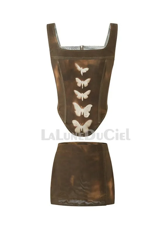 LLDC Mesh Butterfly  Corset Top & Mesh Print Mini Skirt