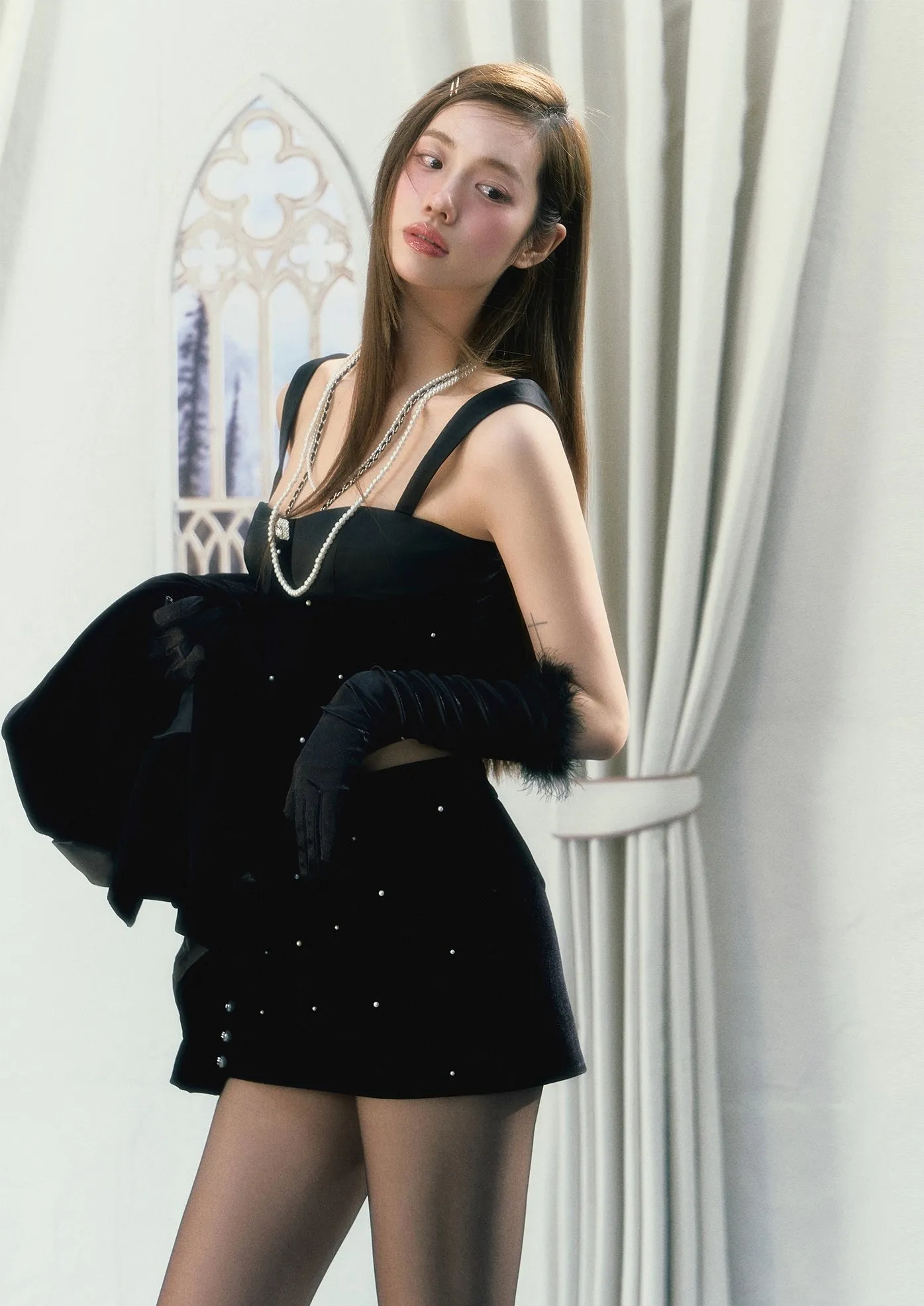 LLDC Velvet Pearl Jacket & Bustier Tank Top & Mini Skirt