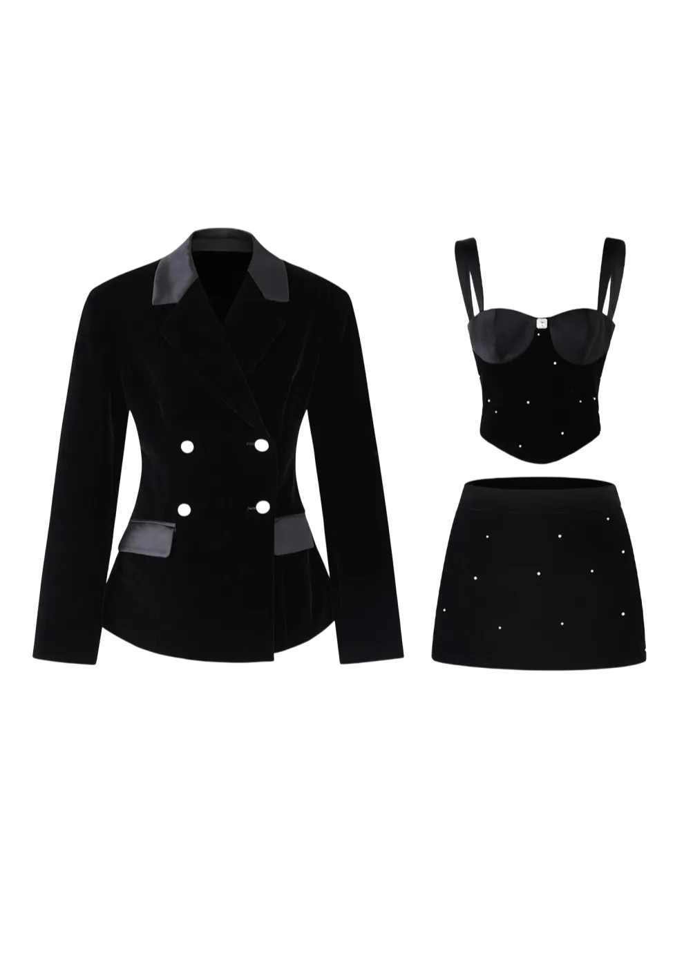 LLDC Velvet Pearl Jacket & Bustier Tank Top & Mini Skirt