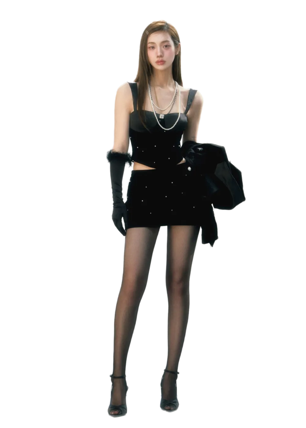 LLDC Velvet Pearl Jacket & Bustier Tank Top & Mini Skirt
