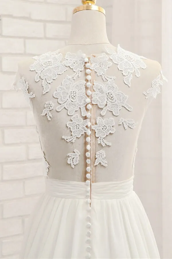 Long A-line Appliques Lace Chiffon Wedding Dress with Slit
