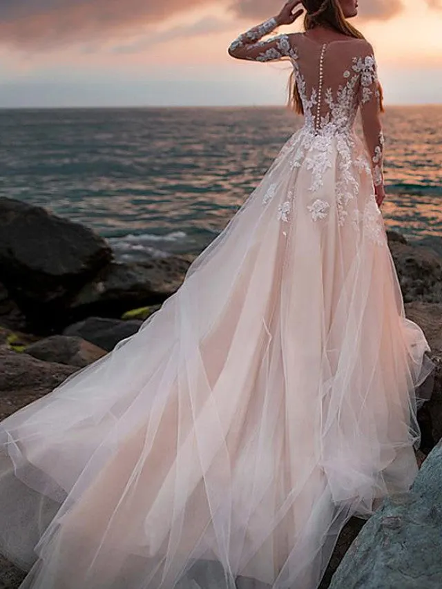 Long A-Line Jewel Neck Court Train Lace Tulle Wedding Dresses with Sleeves