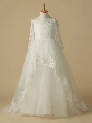 Long A-Line Lace Tulle Wedding First Communion Flower Girl Dresses with Sleeves