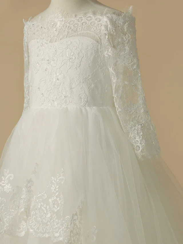 Long A-Line Lace Tulle Wedding First Communion Flower Girl Dresses with Sleeves