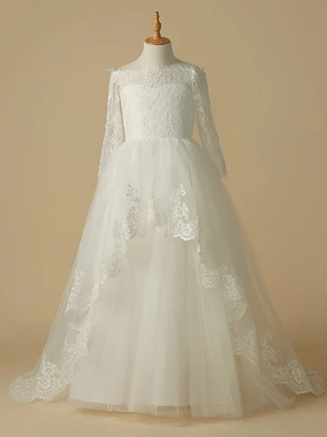 Long A-Line Lace Tulle Wedding First Communion Flower Girl Dresses with Sleeves
