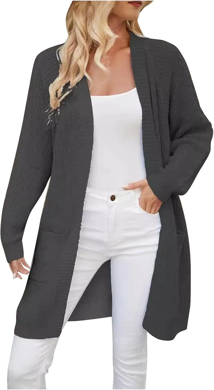 Long Cardigan Sweaters for Women Long Sleeve Knit Open Front Sweaters Outwear Fall Plus Size Sweaters Coat with Pocket