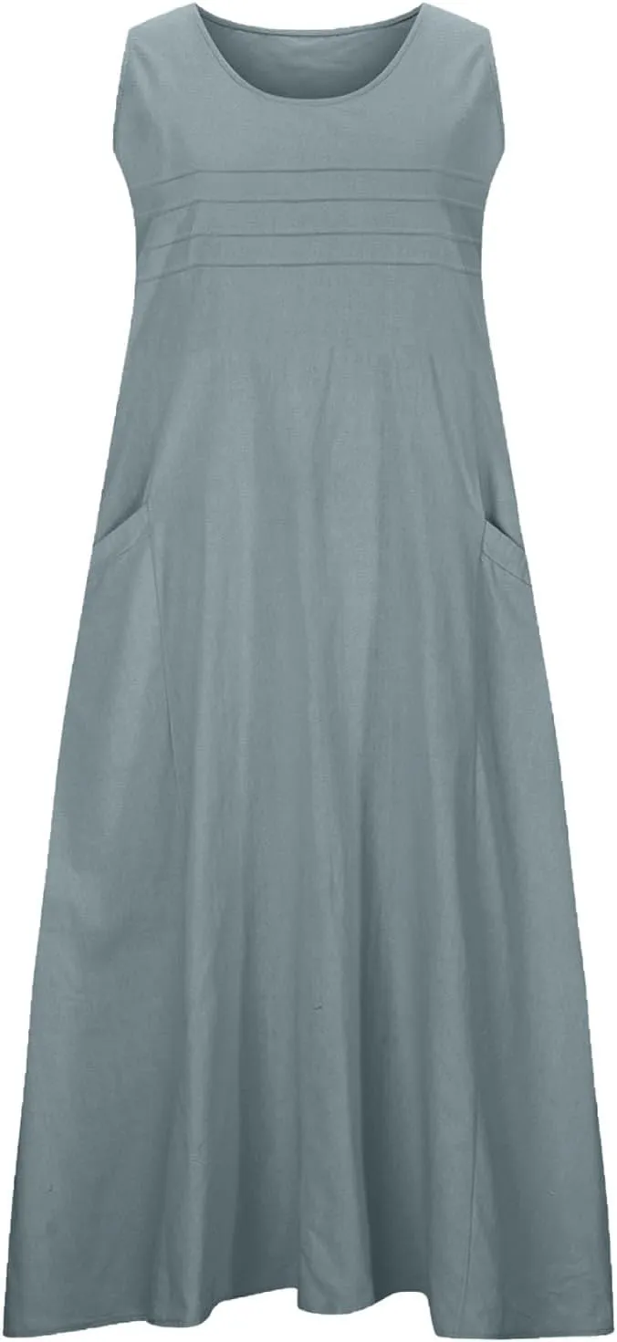 Long Cotton Linen Dresses for Women Sleeveless Striped Printed Plain Sundress Swing Hem Maxi Dress with Pockets