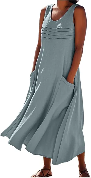 Long Cotton Linen Dresses for Women Sleeveless Striped Printed Plain Sundress Swing Hem Maxi Dress with Pockets