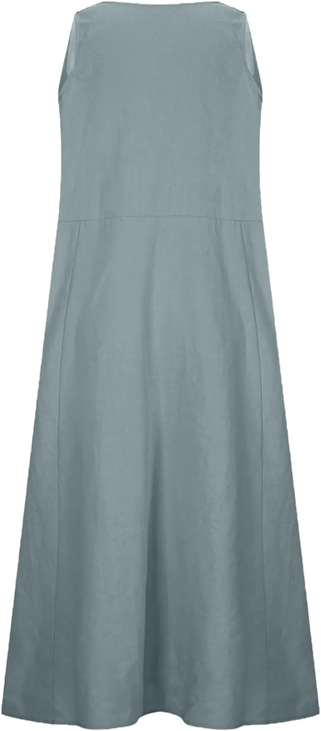 Long Cotton Linen Dresses for Women Sleeveless Striped Printed Plain Sundress Swing Hem Maxi Dress with Pockets