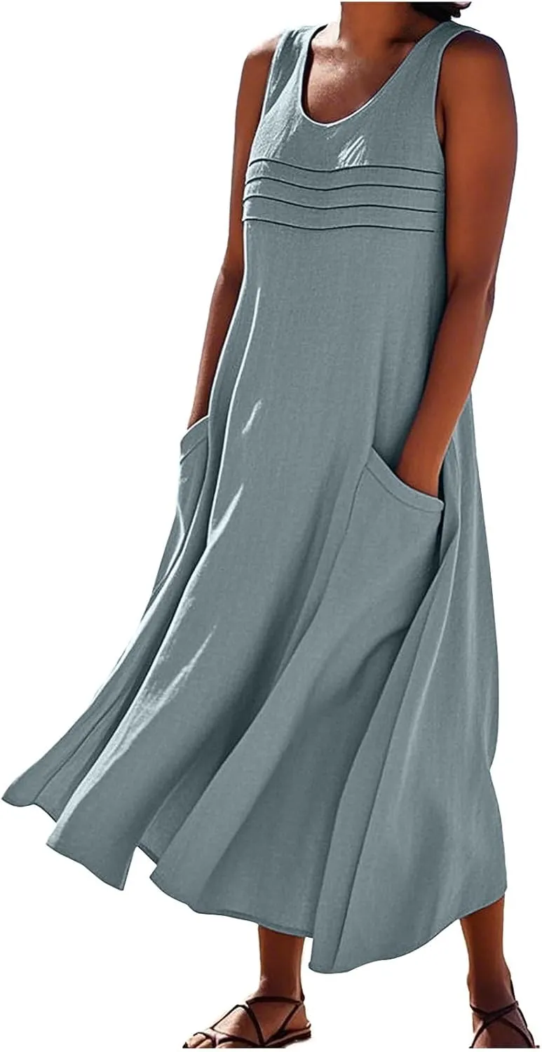 Long Cotton Linen Dresses for Women Sleeveless Striped Printed Plain Sundress Swing Hem Maxi Dress with Pockets