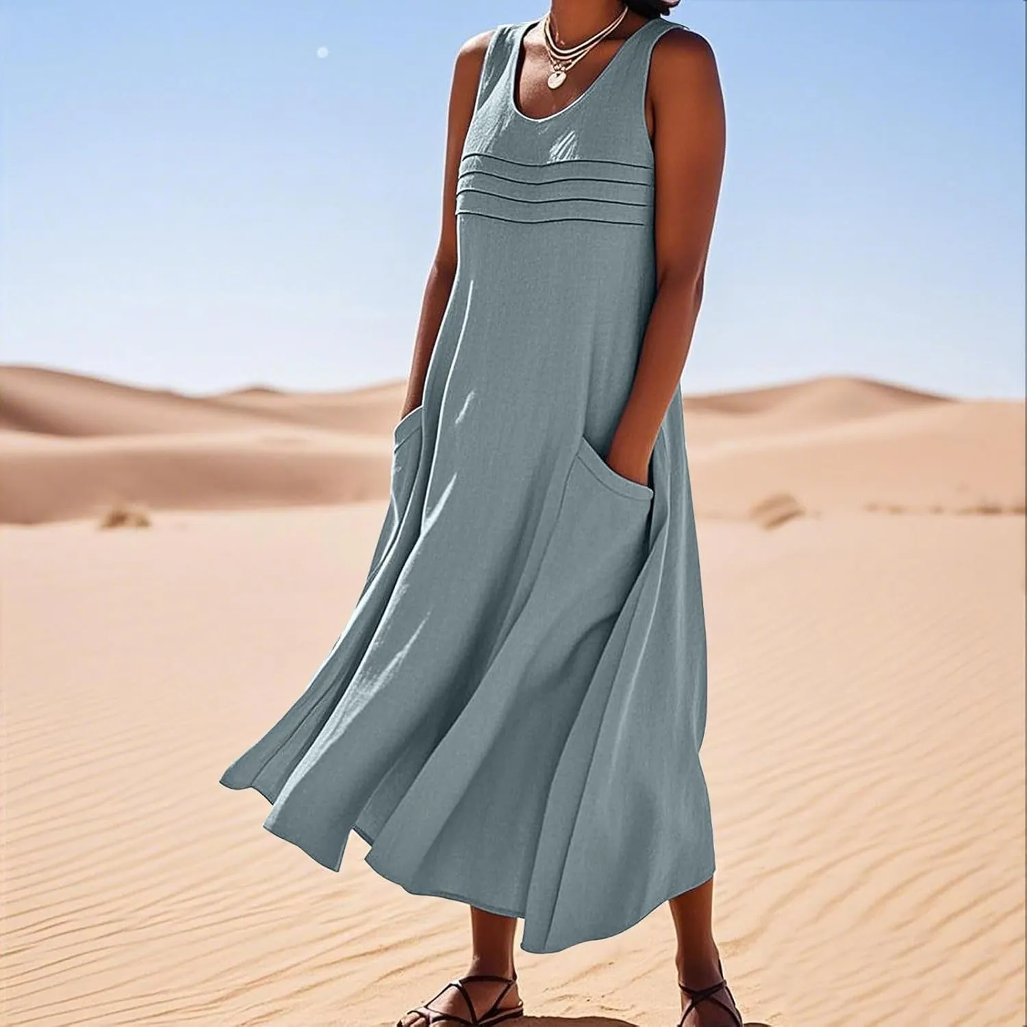 Long Cotton Linen Dresses for Women Sleeveless Striped Printed Plain Sundress Swing Hem Maxi Dress with Pockets