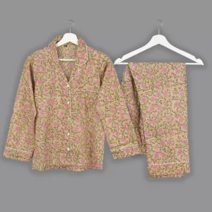 Long Cotton Pyjama Set - Beige With Pink Floral
