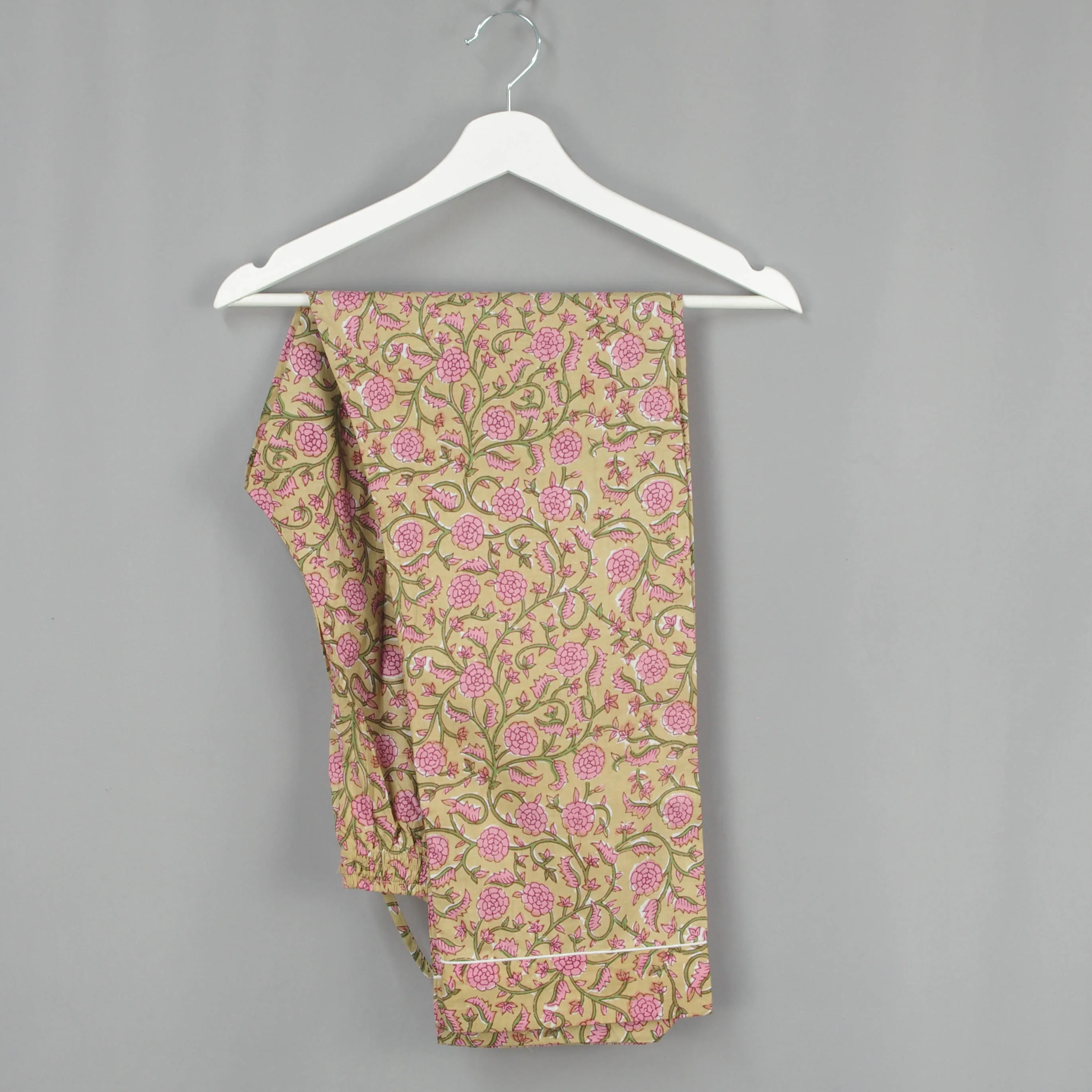 Long Cotton Pyjama Set - Beige With Pink Floral