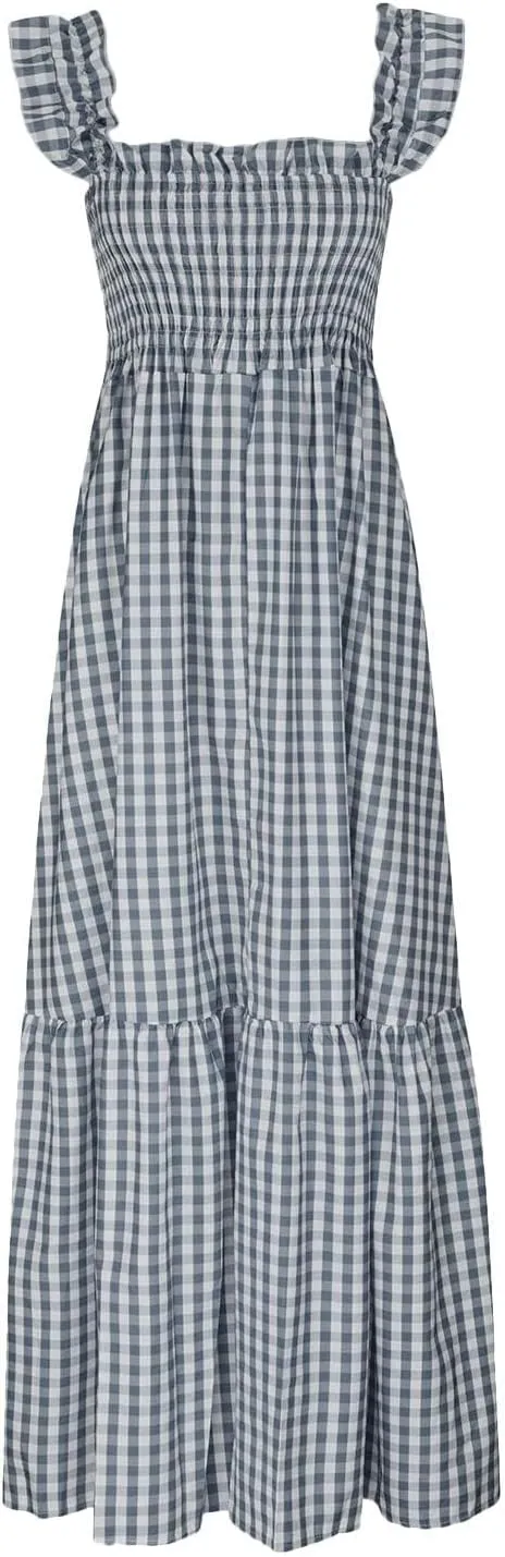 Long Dresses for Women Plaid Smocked Dress Sleeveless Spaghetti Strap Maxi Dresses A Line Tiered Flowy Beach Dress