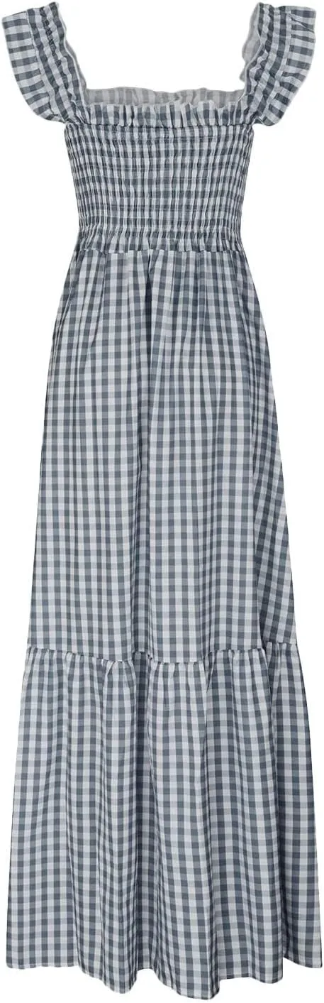 Long Dresses for Women Plaid Smocked Dress Sleeveless Spaghetti Strap Maxi Dresses A Line Tiered Flowy Beach Dress