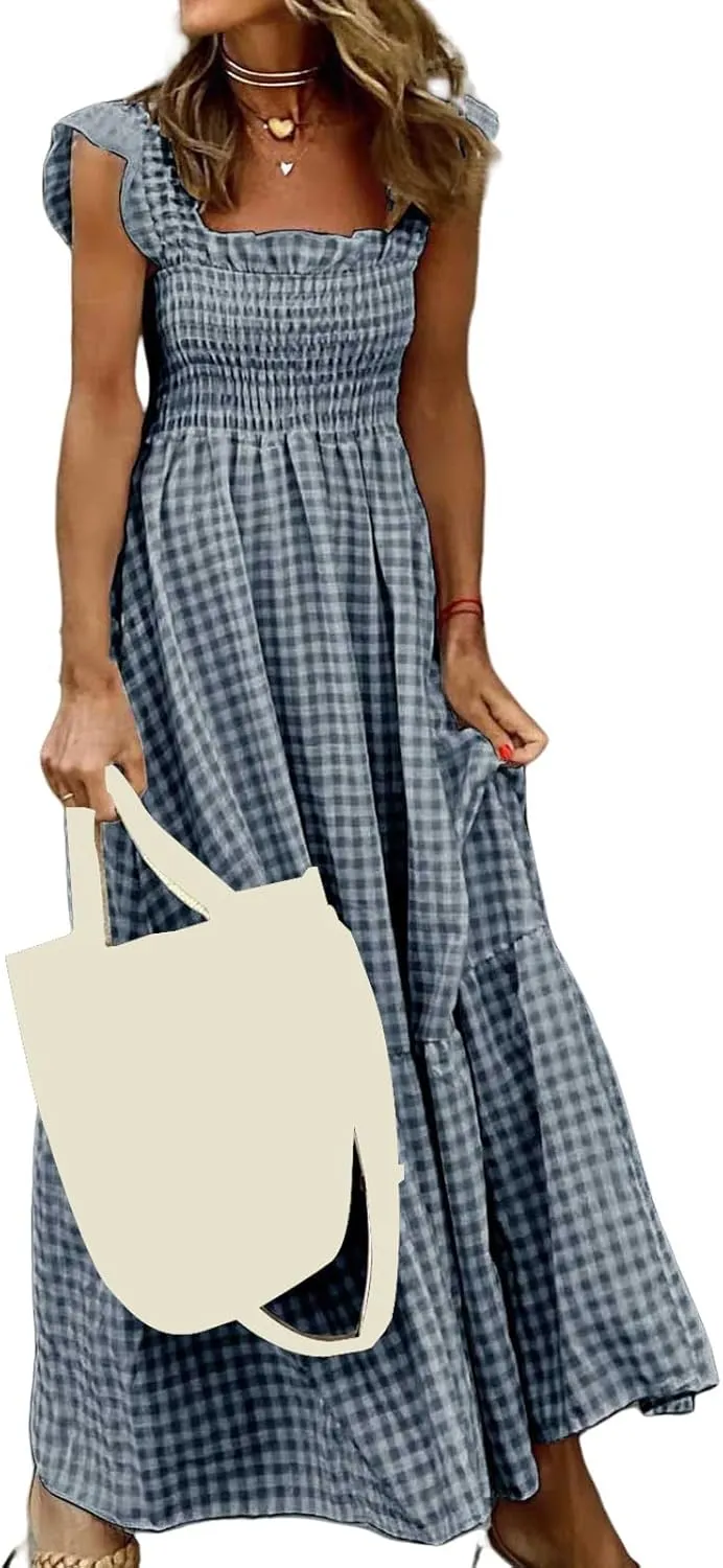 Long Dresses for Women Plaid Smocked Dress Sleeveless Spaghetti Strap Maxi Dresses A Line Tiered Flowy Beach Dress