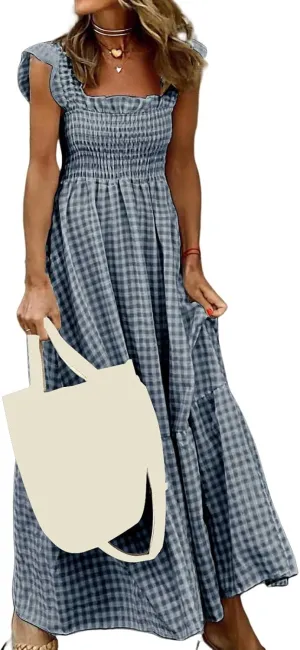 Long Dresses for Women Plaid Smocked Dress Sleeveless Spaghetti Strap Maxi Dresses A Line Tiered Flowy Beach Dress