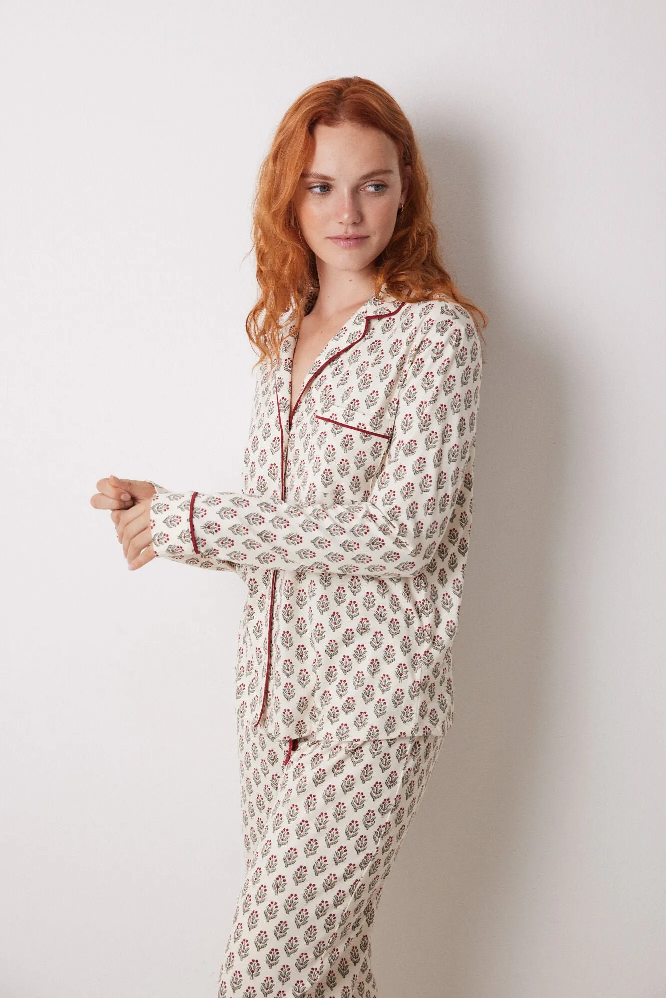 Long ivory flower shirt pajamas
