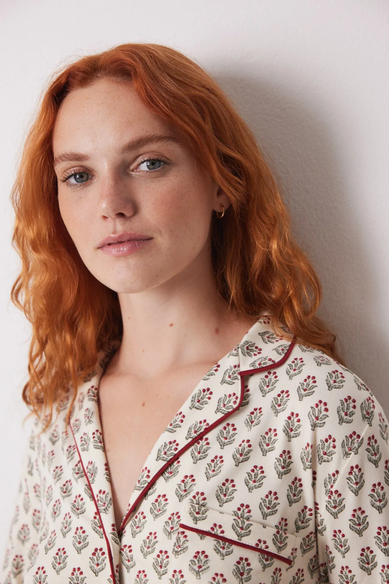 Long ivory flower shirt pajamas