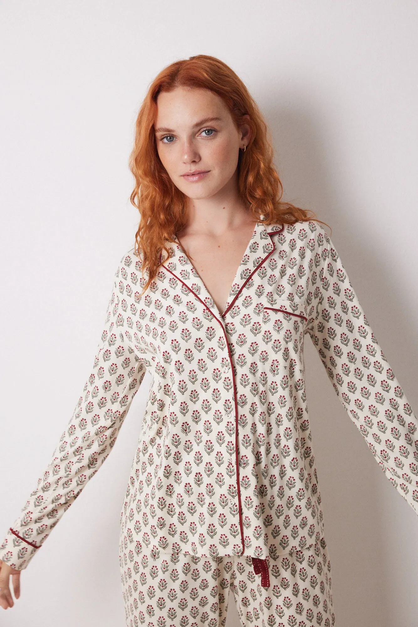 Long ivory flower shirt pajamas
