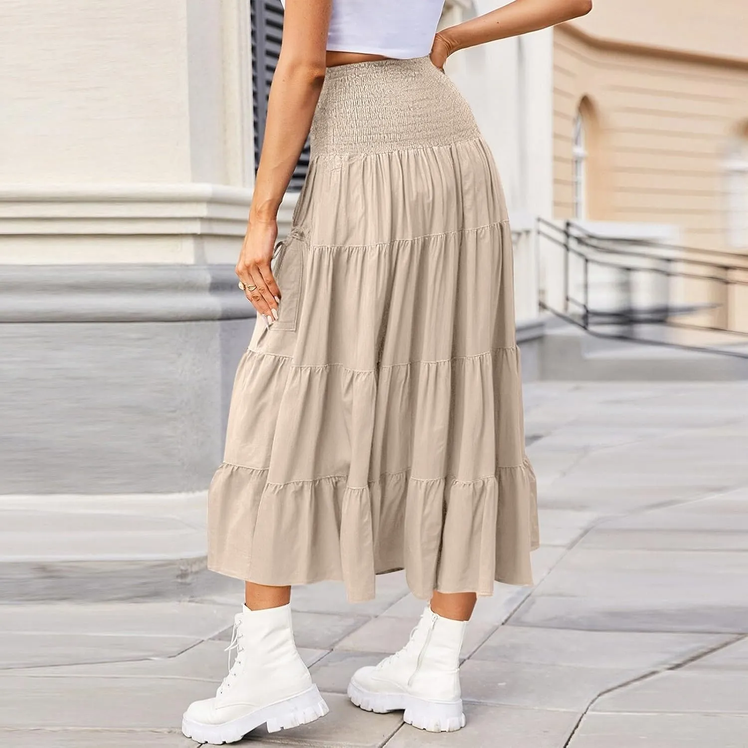 Long Maxi Skirts for Women Boho Solid High Waisted Casual A Line Skirt Pleated Beach Flowy Swing Midi Skirt