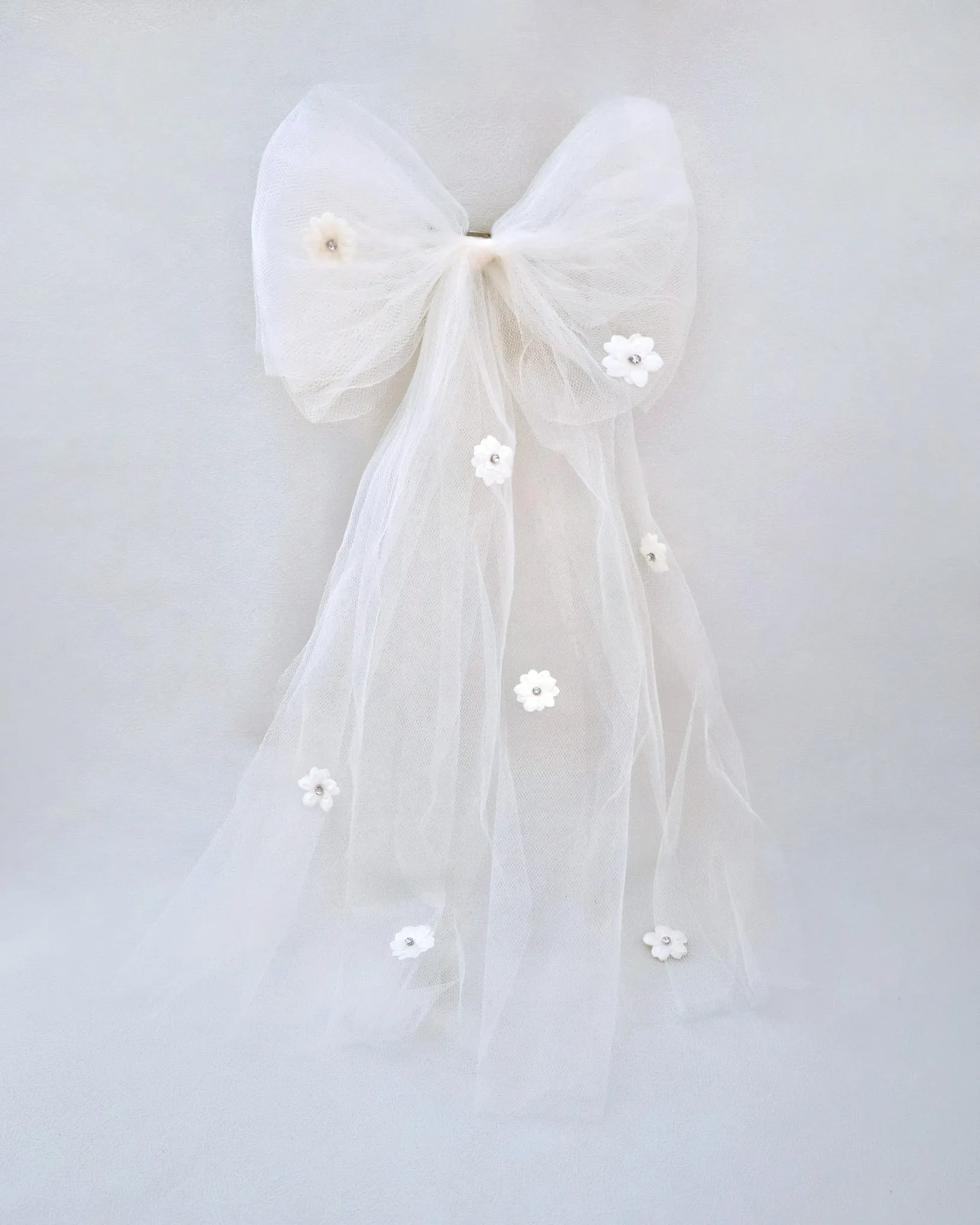 Long Oversized Tulle Bow Hair Clip with Flower Applique