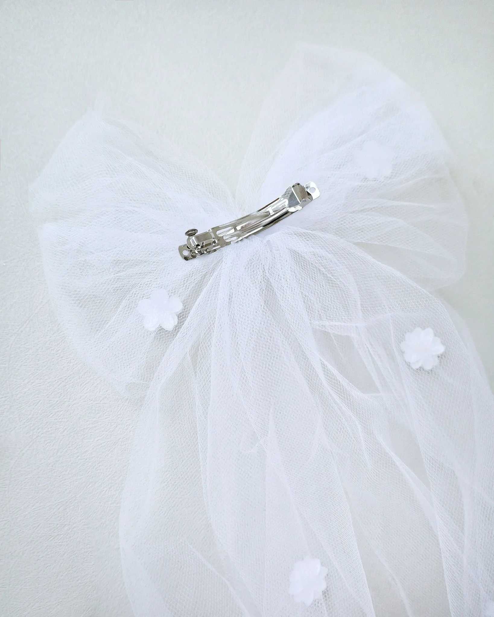 Long Oversized Tulle Bow Hair Clip with Flower Applique