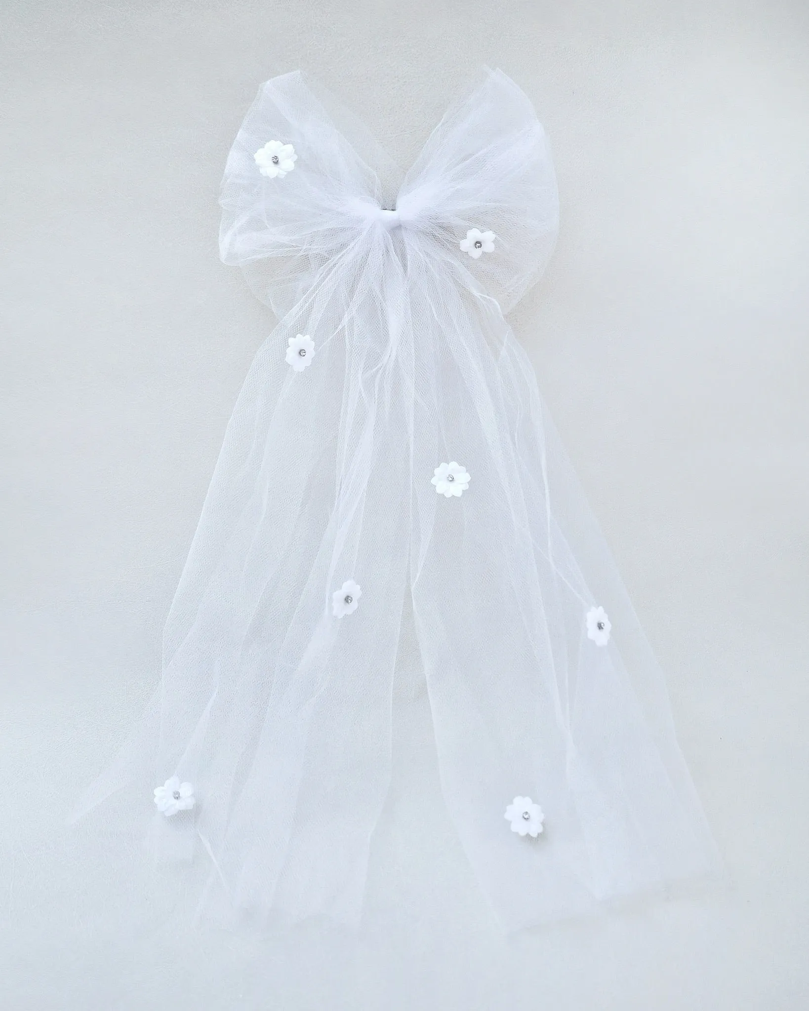 Long Oversized Tulle Bow Hair Clip with Flower Applique