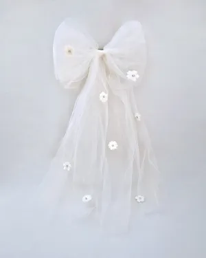 Long Oversized Tulle Bow Hair Clip with Flower Applique
