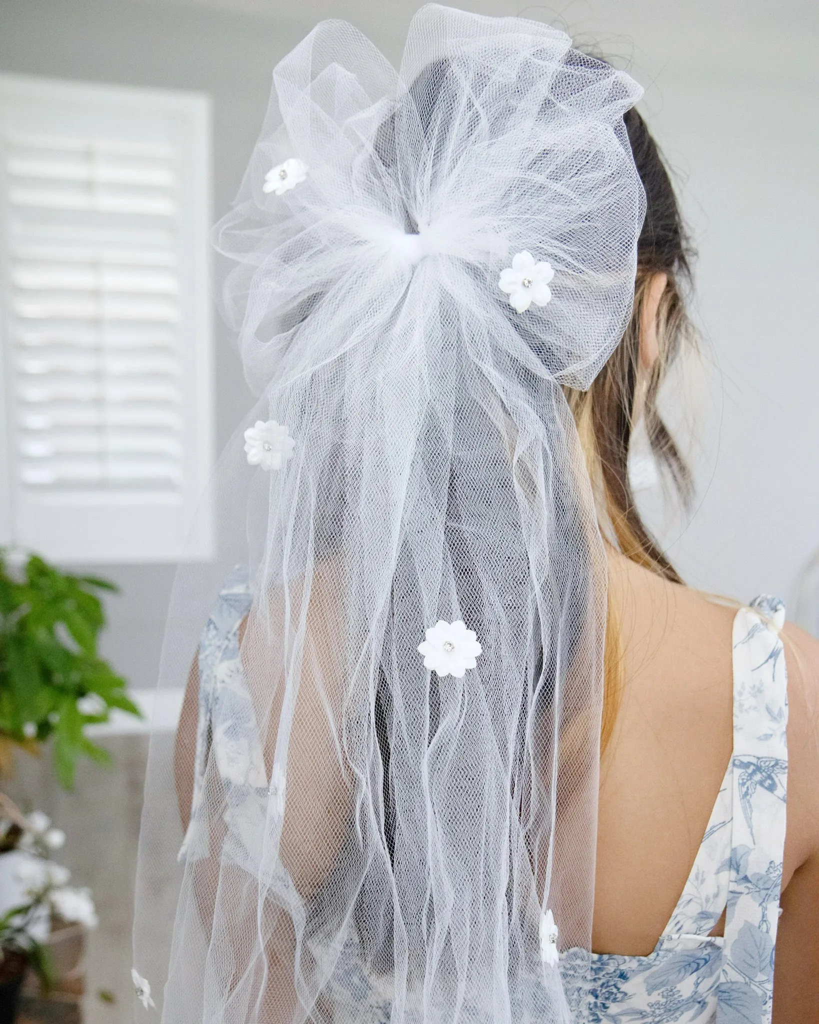 Long Oversized Tulle Bow Hair Clip with Flower Applique