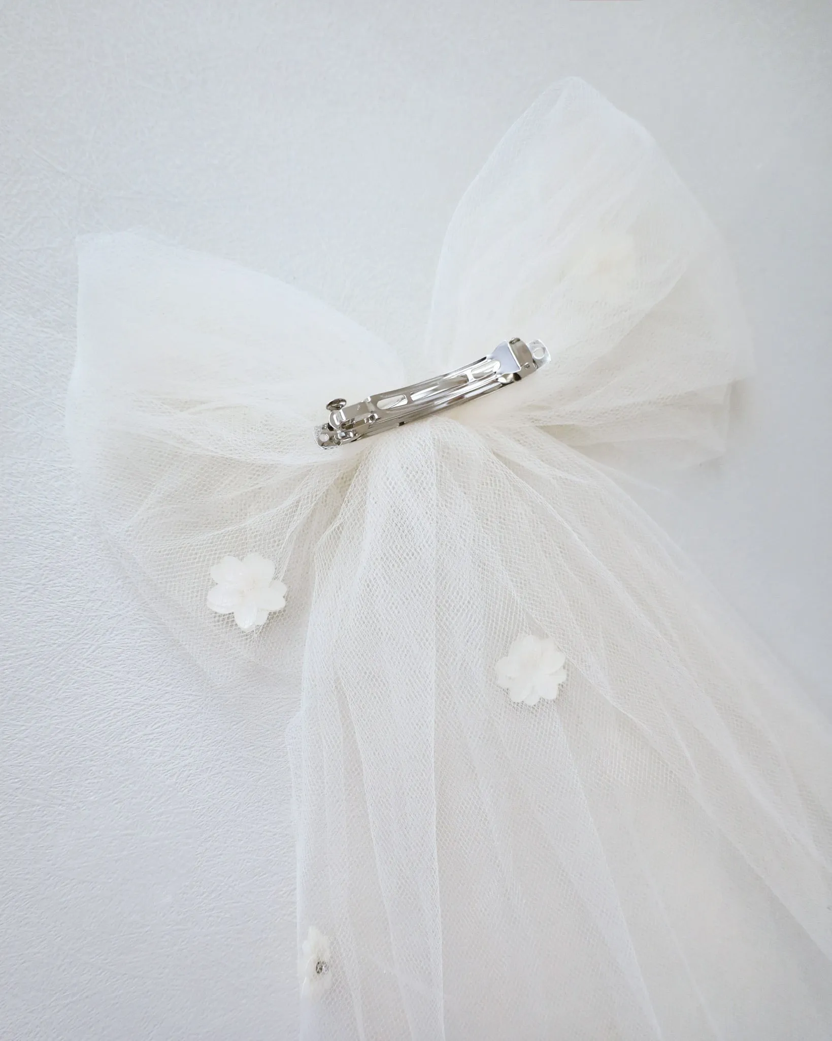 Long Oversized Tulle Bow Hair Clip with Flower Applique