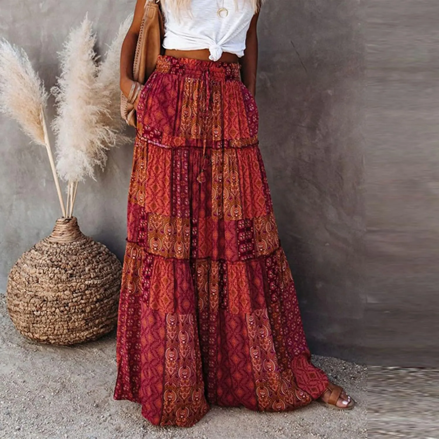 Long Skirts for Women Elegant Summer Boho Skirt Flowy Tiered Ruffle A Line Skirt Smocked Elastic Tie Waist Skirts