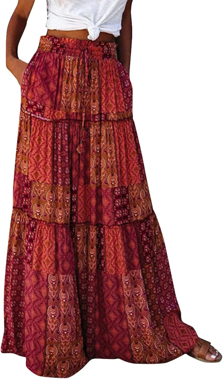 Long Skirts for Women Elegant Summer Boho Skirt Flowy Tiered Ruffle A Line Skirt Smocked Elastic Tie Waist Skirts