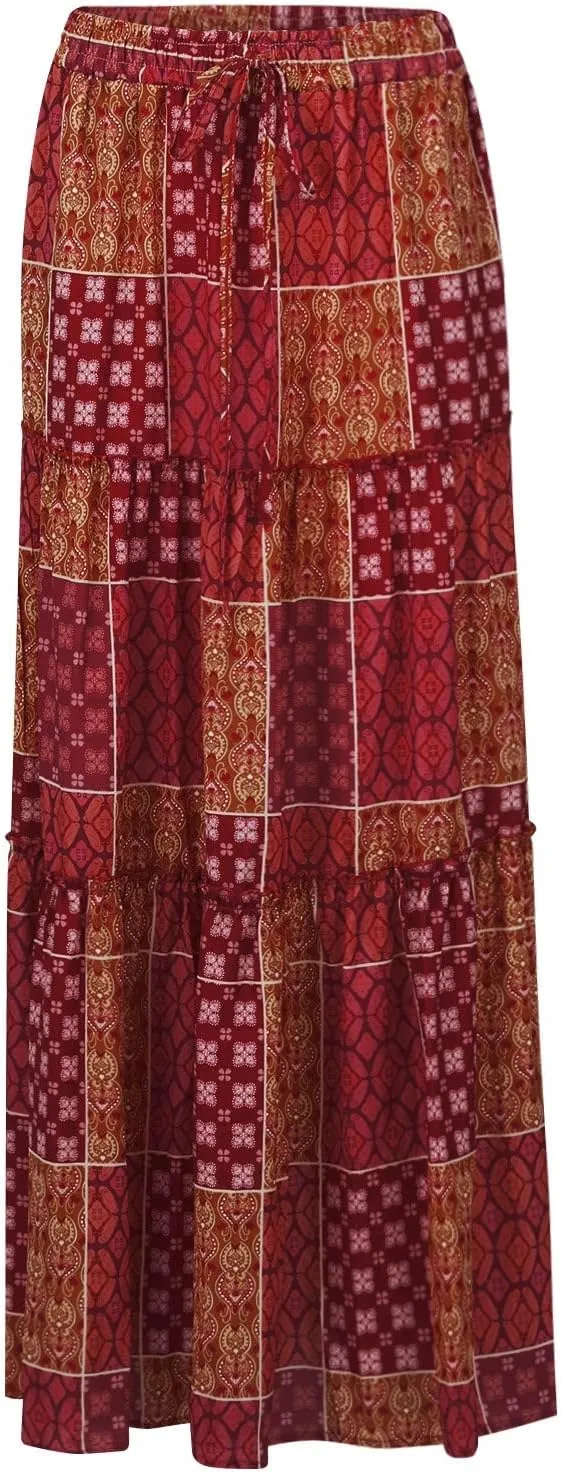 Long Skirts for Women Elegant Summer Boho Skirt Flowy Tiered Ruffle A Line Skirt Smocked Elastic Tie Waist Skirts