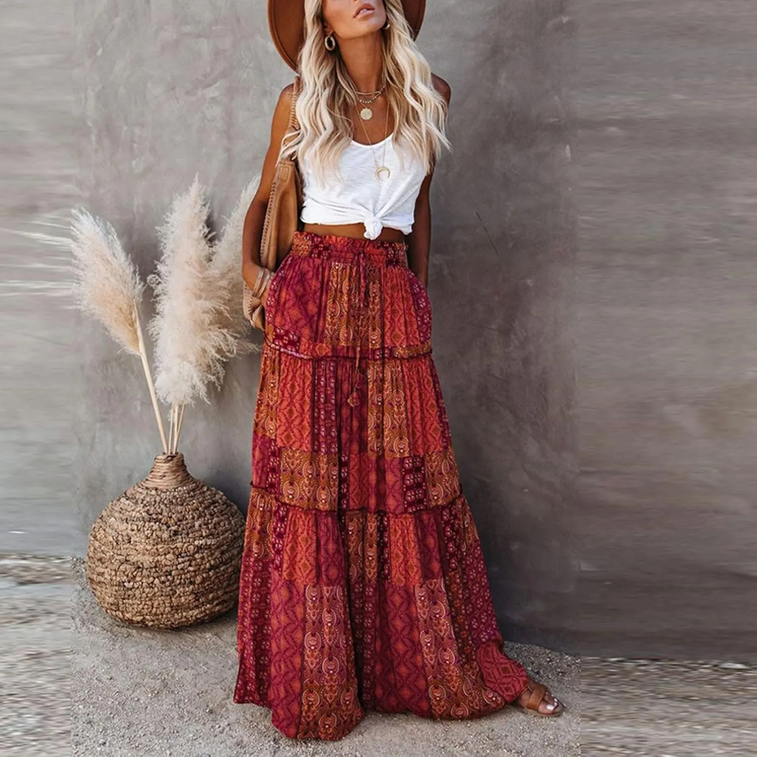 Long Skirts for Women Elegant Summer Boho Skirt Flowy Tiered Ruffle A Line Skirt Smocked Elastic Tie Waist Skirts