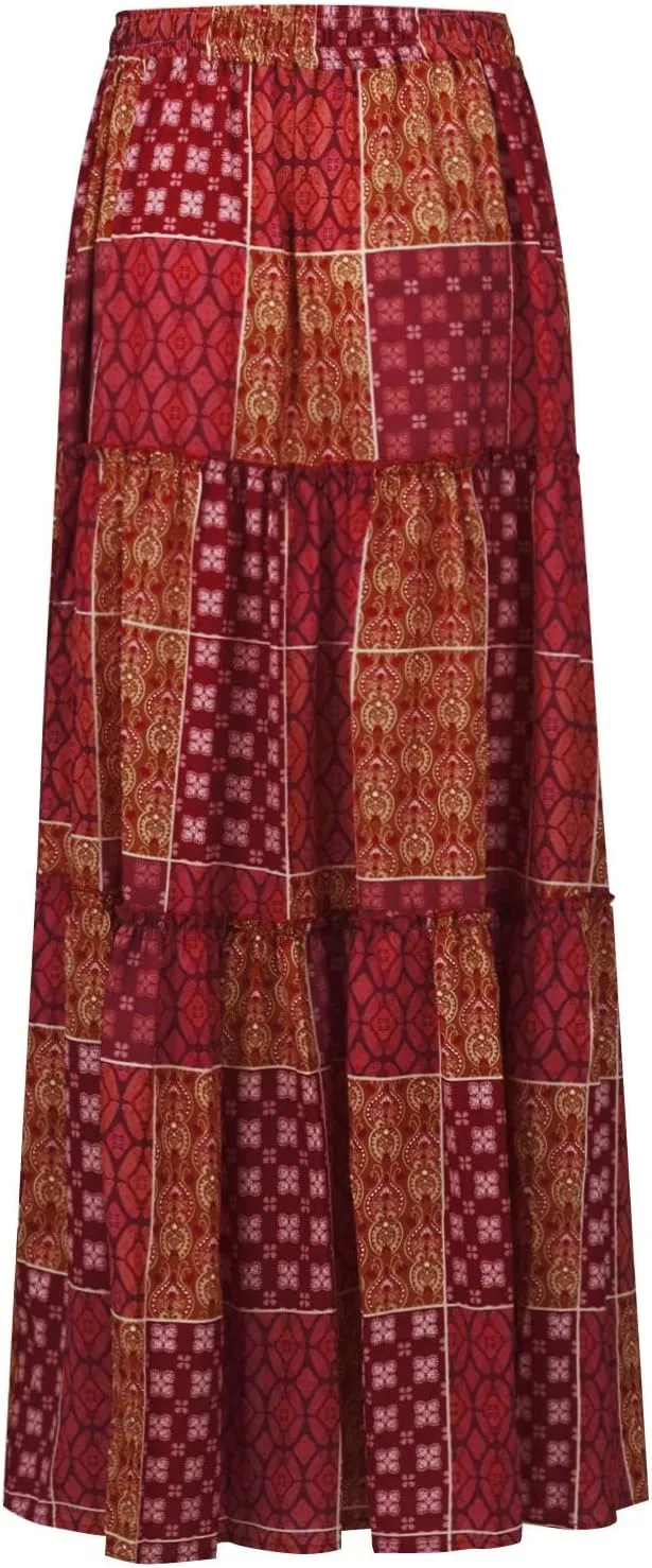 Long Skirts for Women Elegant Summer Boho Skirt Flowy Tiered Ruffle A Line Skirt Smocked Elastic Tie Waist Skirts