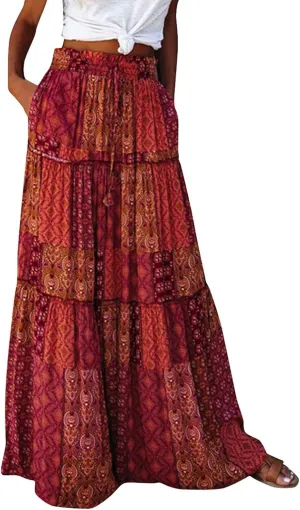 Long Skirts for Women Elegant Summer Boho Skirt Flowy Tiered Ruffle A Line Skirt Smocked Elastic Tie Waist Skirts