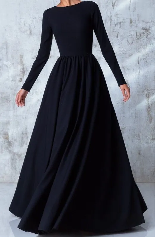 Long sleeves Aline satin prom dress Muslim fashion dress