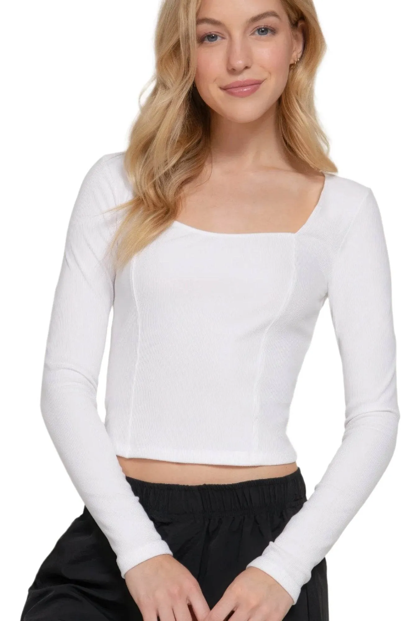 Long slv sweetheart neck seam detail knit top